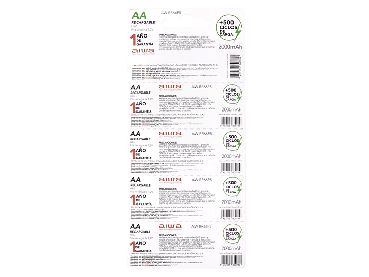 Pack 5 Pilas Recargables AA (Doble A) Aiwa 1.2v 2000mah 4