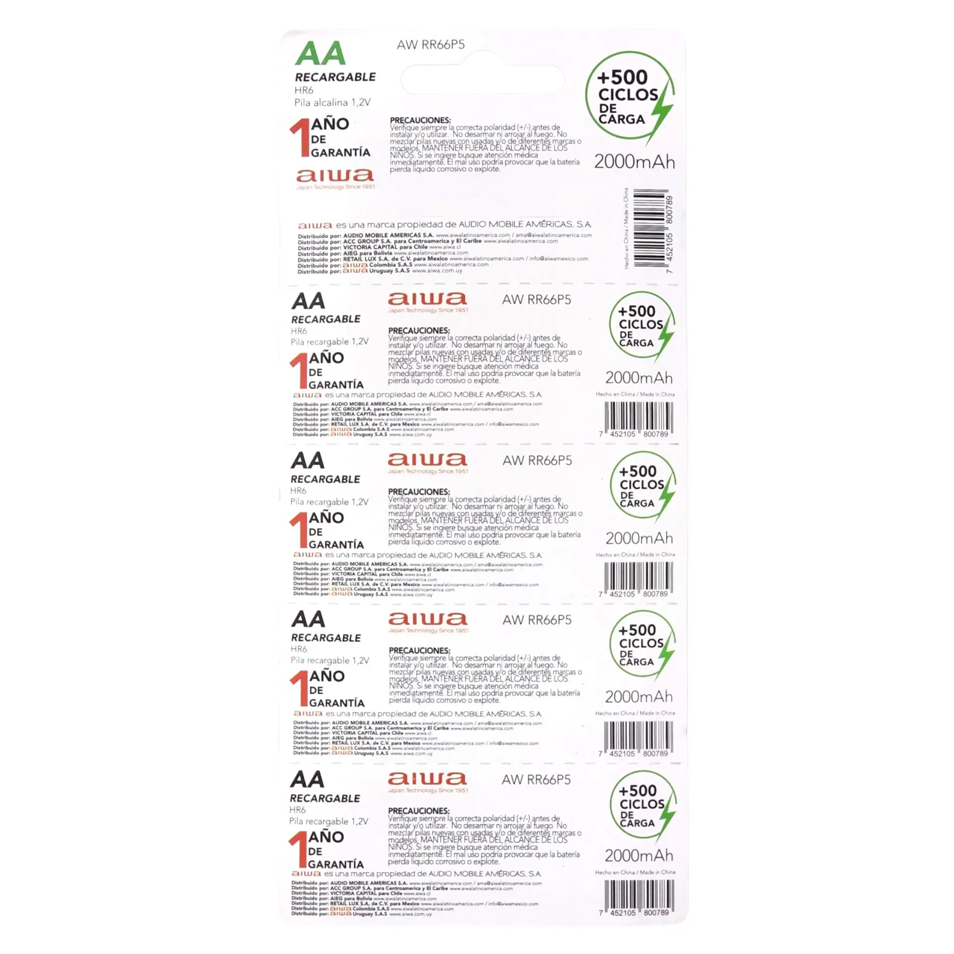 Pack 5 Pilas Recargables AA (Doble A) Aiwa 1.2v 2000mah 4