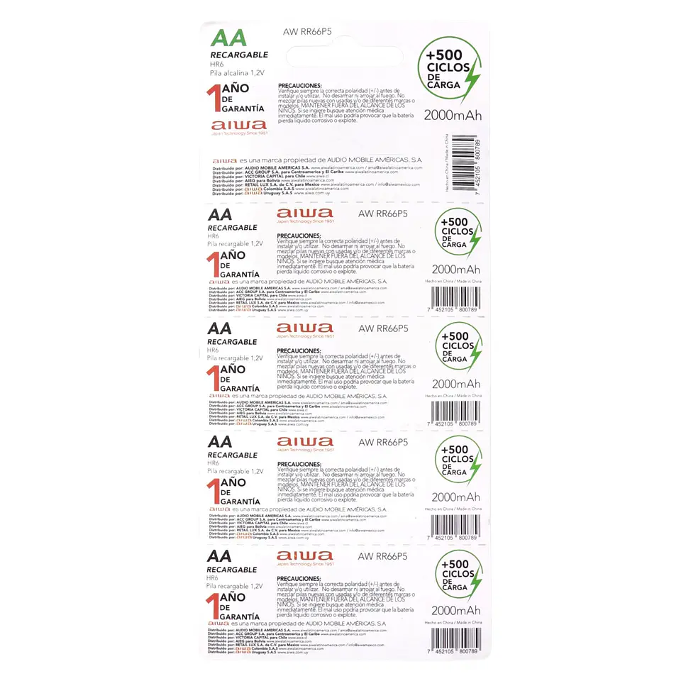 Pack 5 Pilas Recargables AA (Doble A) Aiwa 1.2v 2000mah 4