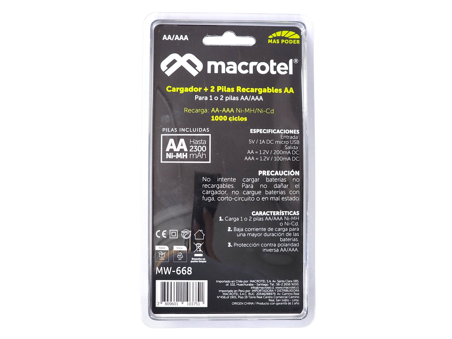 Cargador + 2 pilas AA Micro-USB 2300mha Macrotel 6