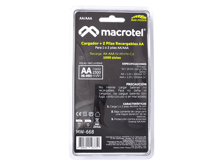 Cargador + 2 pilas AA Micro-USB 2300mha Macrotel 6