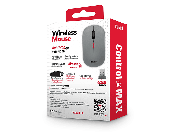 Mouse Inalámbrico Ergonómico 1600 DPI MOWL-100 Maxell Gris 5