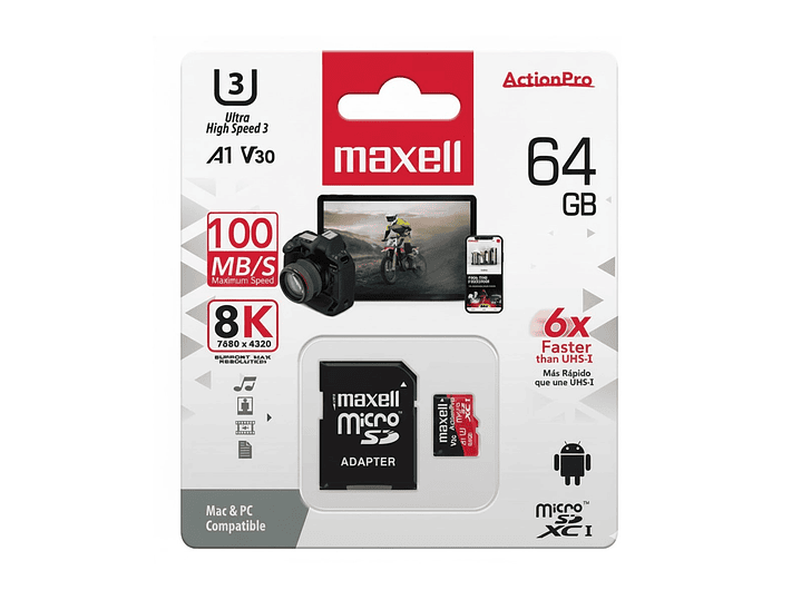 Tarjeta MicroSD Maxell 64GB UH-3 8K 100mb V30 1