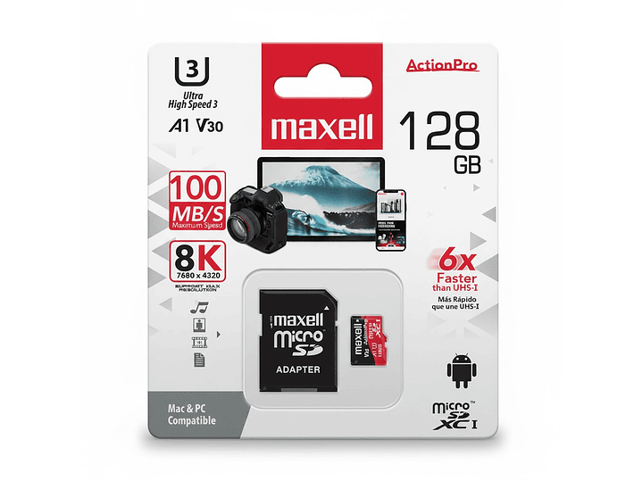 Tarjeta MicroSD Maxell 128GB UH-3 8K 100mb V30 1