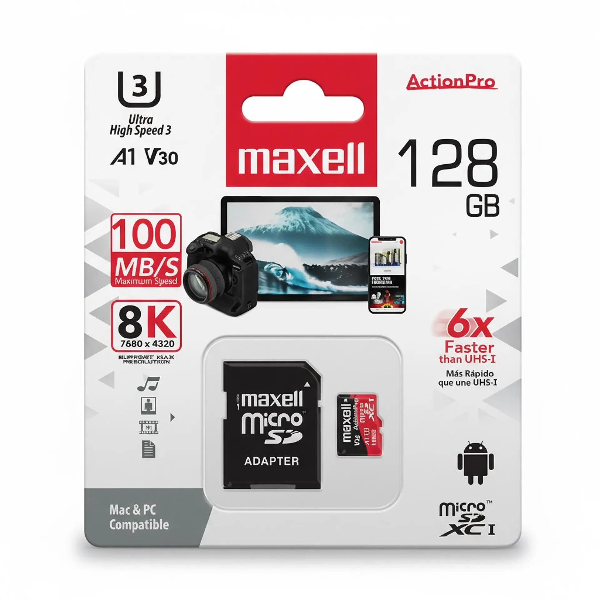 Tarjeta MicroSD Maxell 128GB UH-3 8K 100mb V30 1