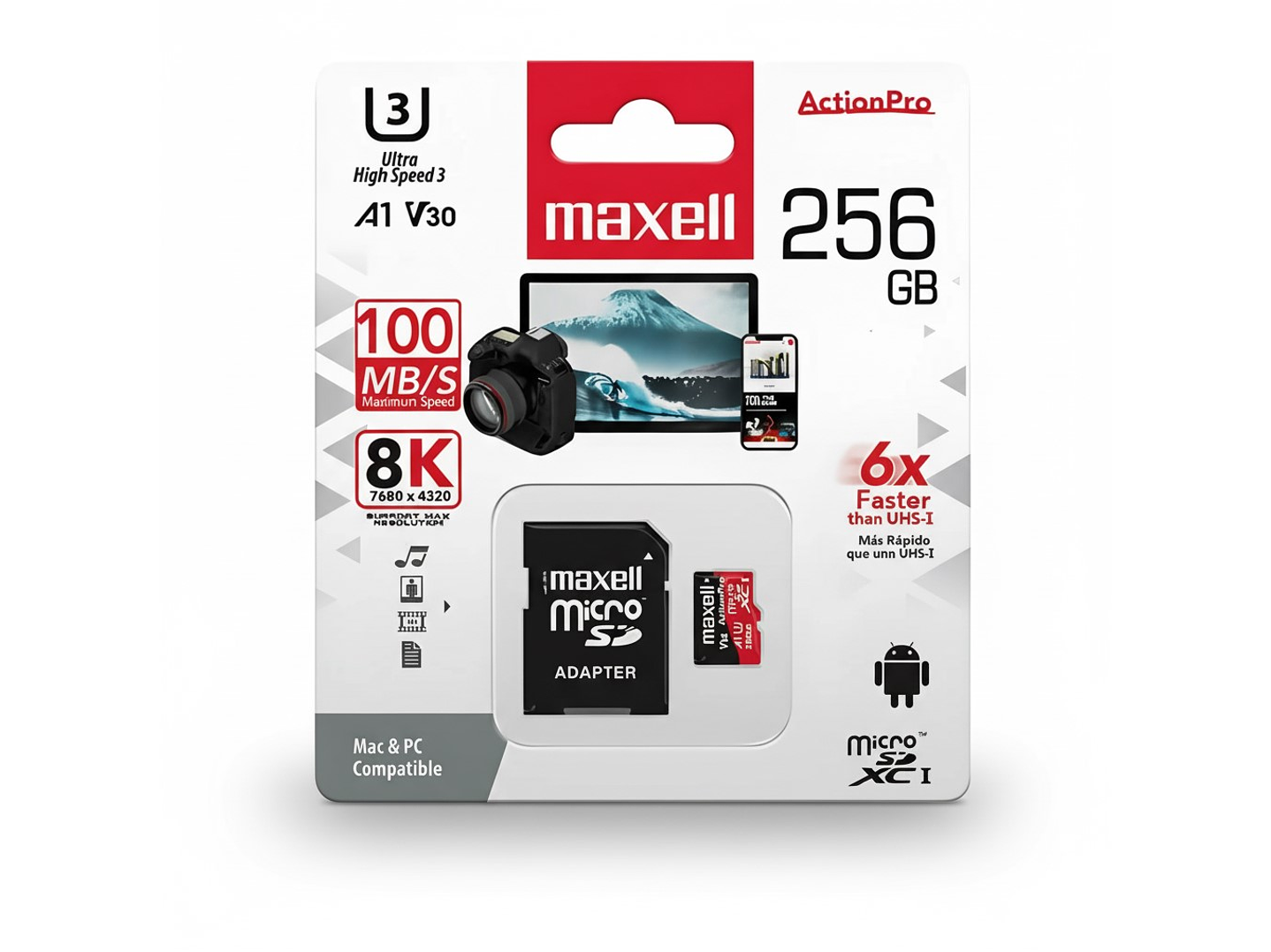 Tarjeta MicroSD Maxell 256GB UH-3 8K 100mb V30 1
