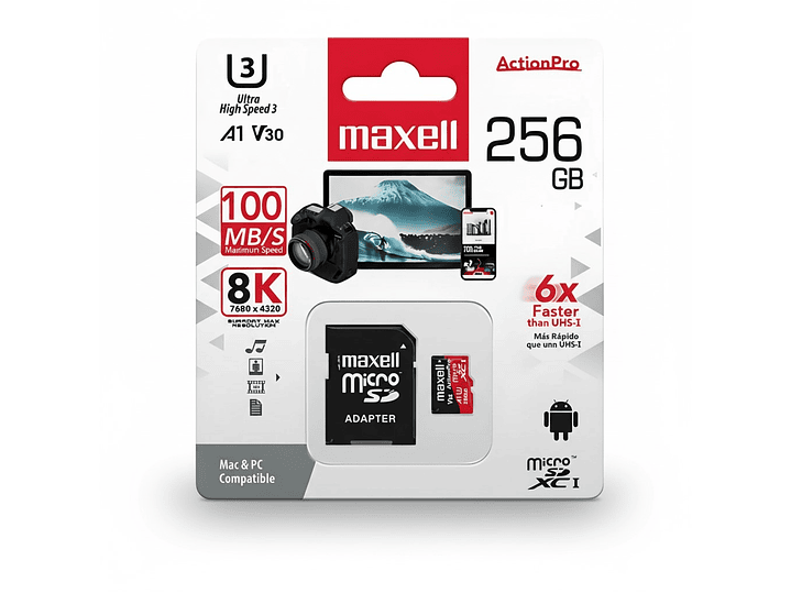 Tarjeta MicroSD Maxell 256GB UH-3 8K 100mb V30 1
