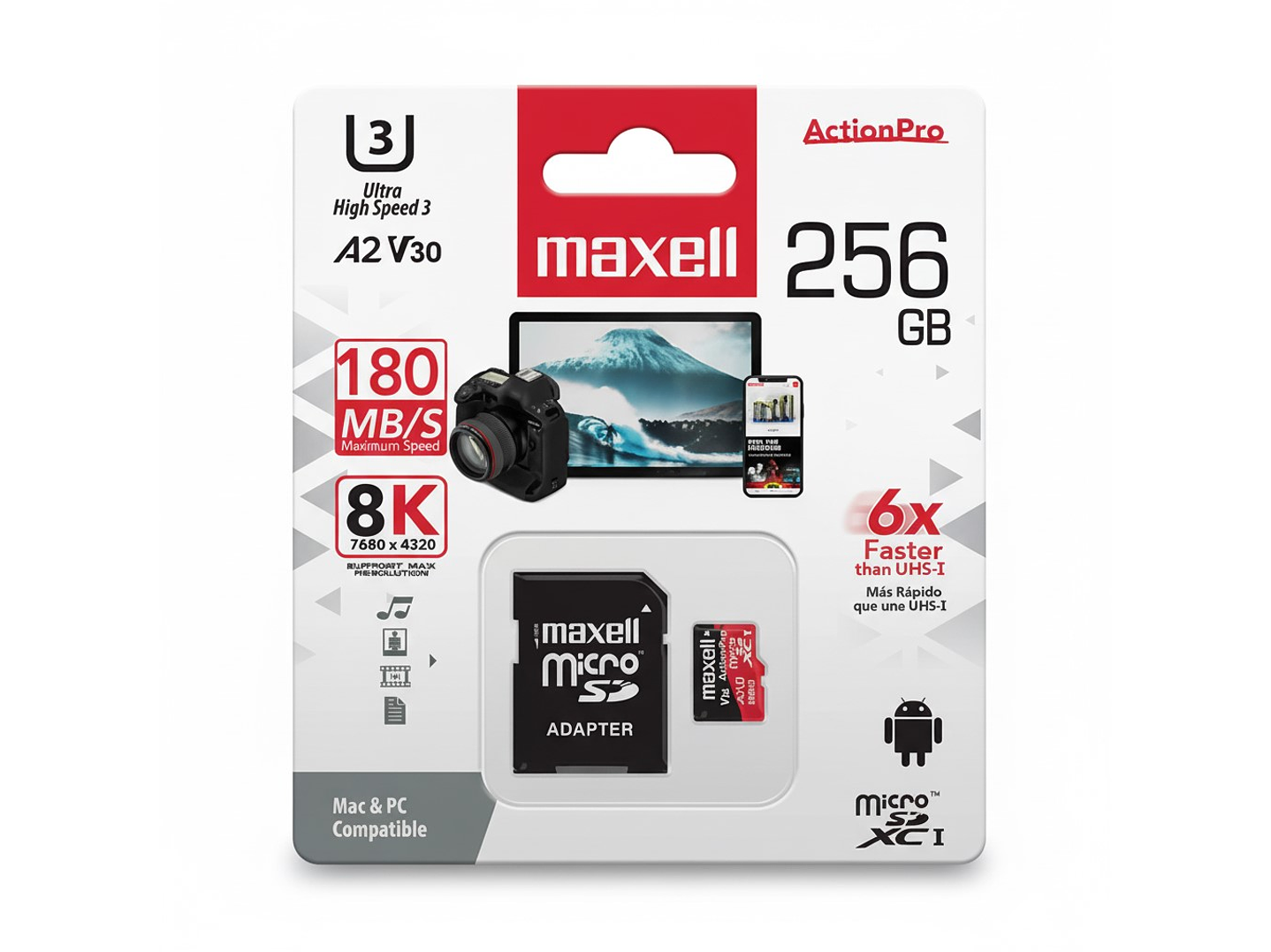 Tarjeta MicroSD Maxell 256GB UH-3 8K A2 180MB/S 1