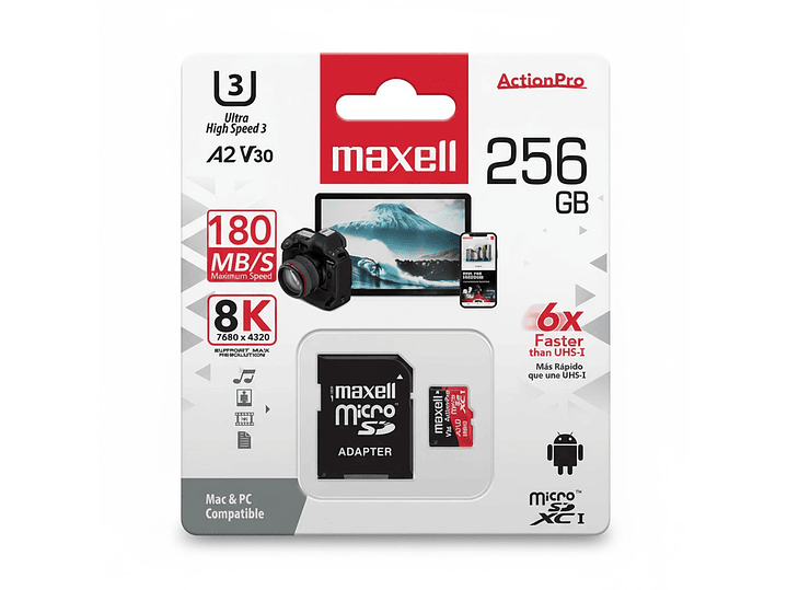 Tarjeta MicroSD Maxell 256GB UH-3 8K A2 180MB/S 1