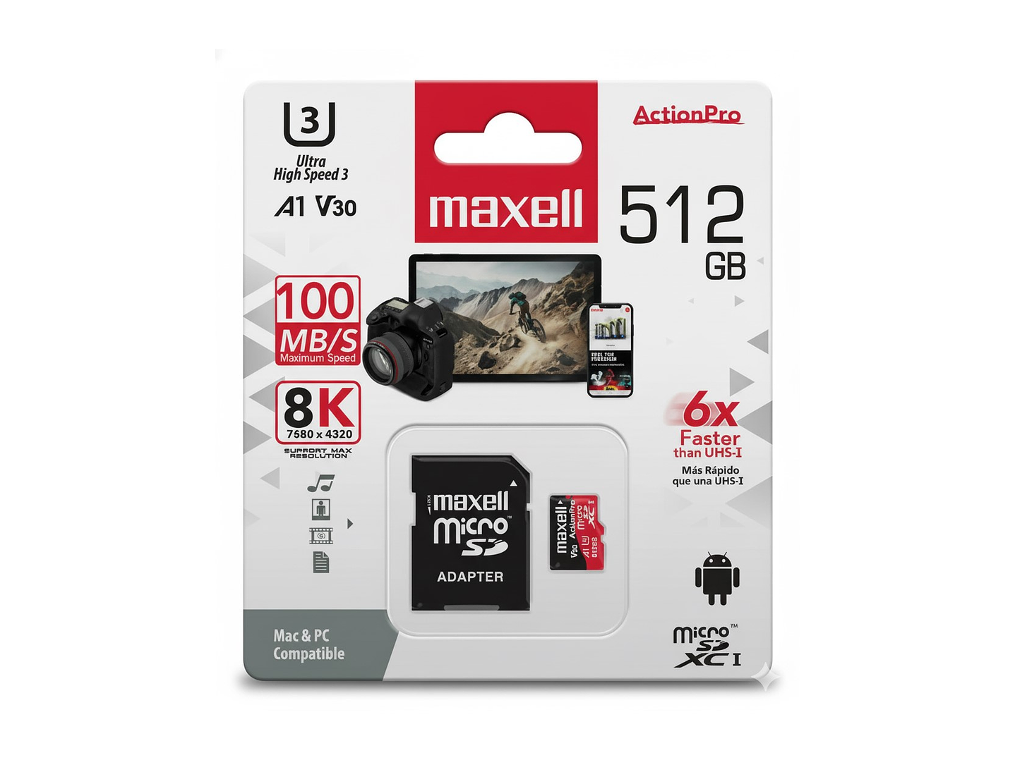 Tarjeta MicroSD Maxell 512GB UH-3 8K 100mb V30 1