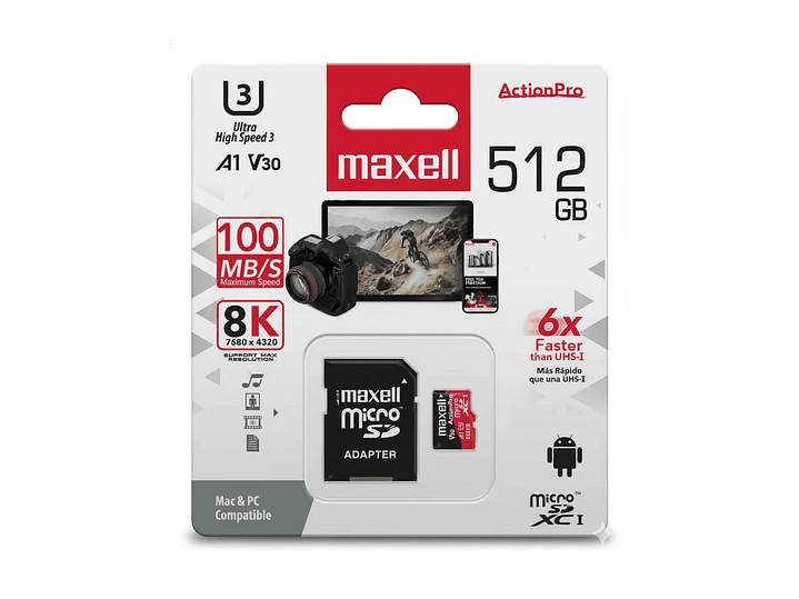 Tarjeta MicroSD Maxell 512GB UH-3 8K 100mb V30 1