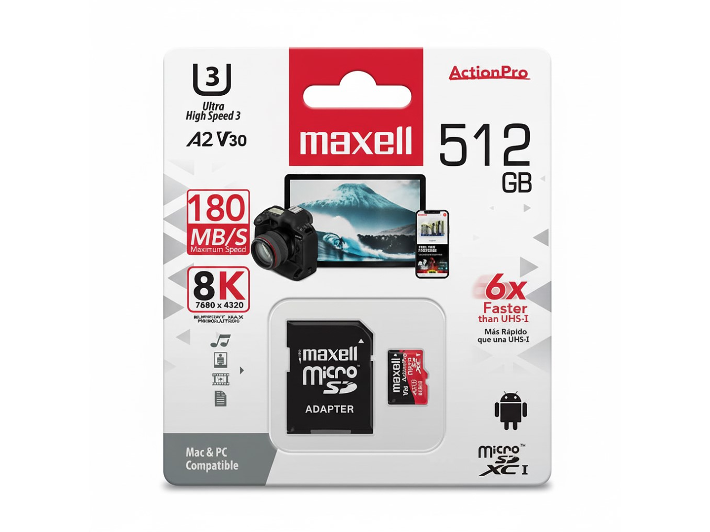 Tarjeta MicroSD Maxell 512GB UH-3 8K A2 180MB/S 1