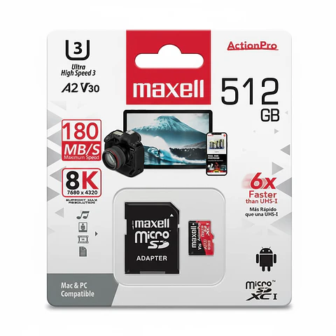 Tarjeta MicroSD Maxell 512GB UH-3 8K A2 180MB/S