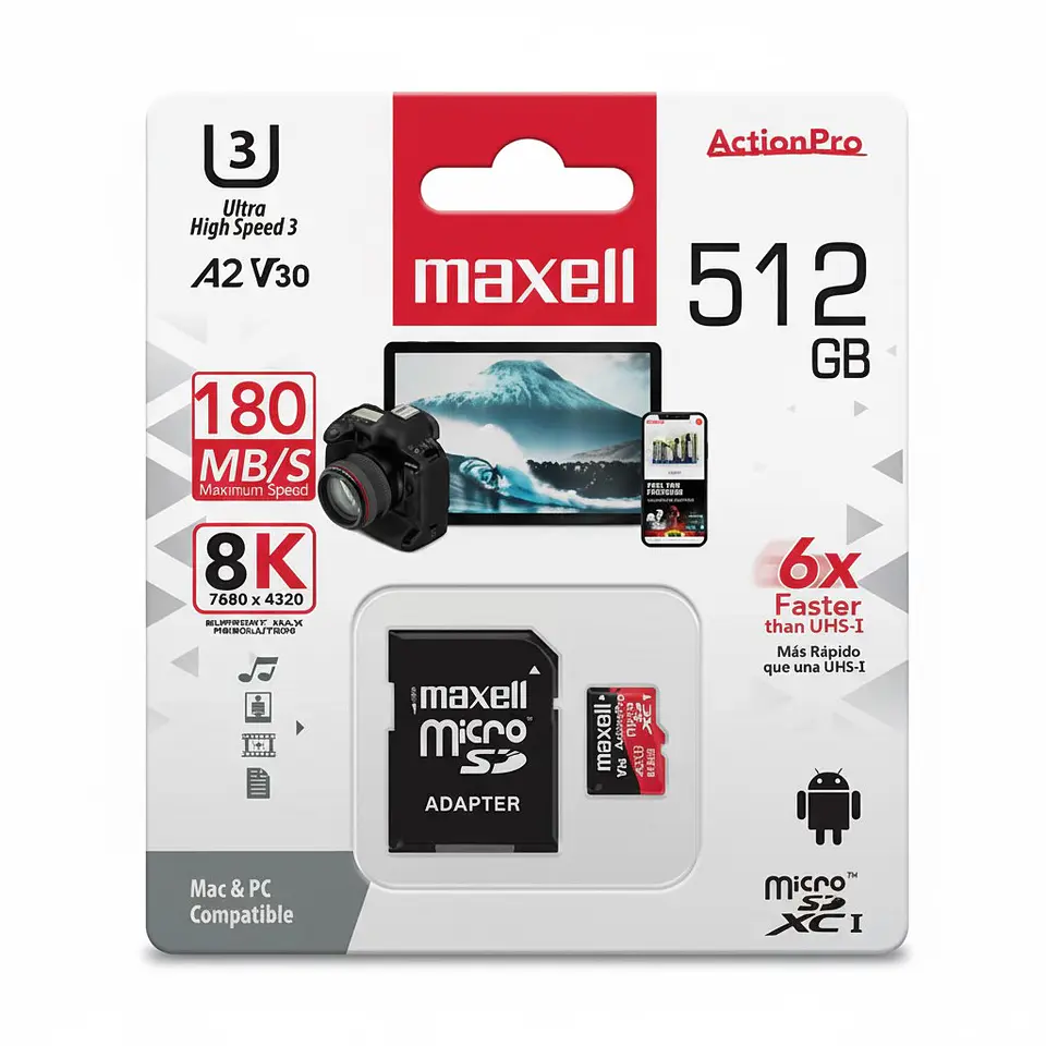 Tarjeta MicroSD Maxell 512GB UH-3 8K A2 180MB/S 1