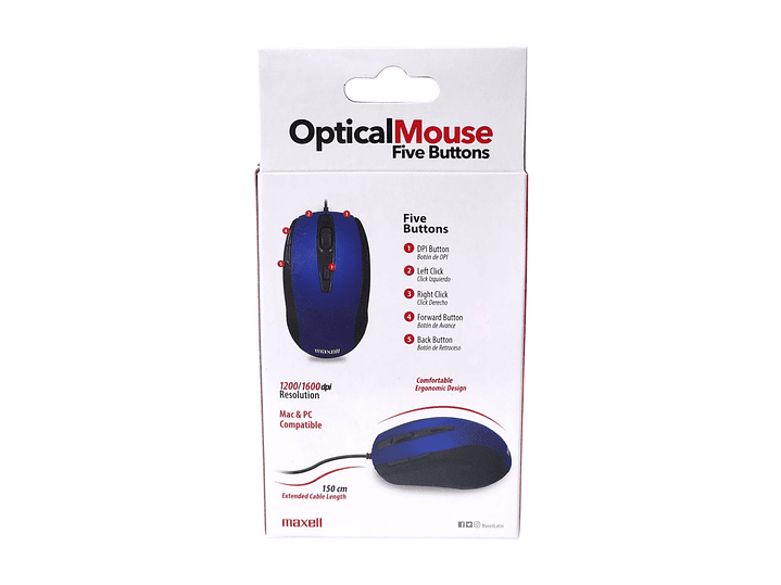 Mouse Óptico 5 Botones Con Cable USB MOWR-105 Maxell Azul 3