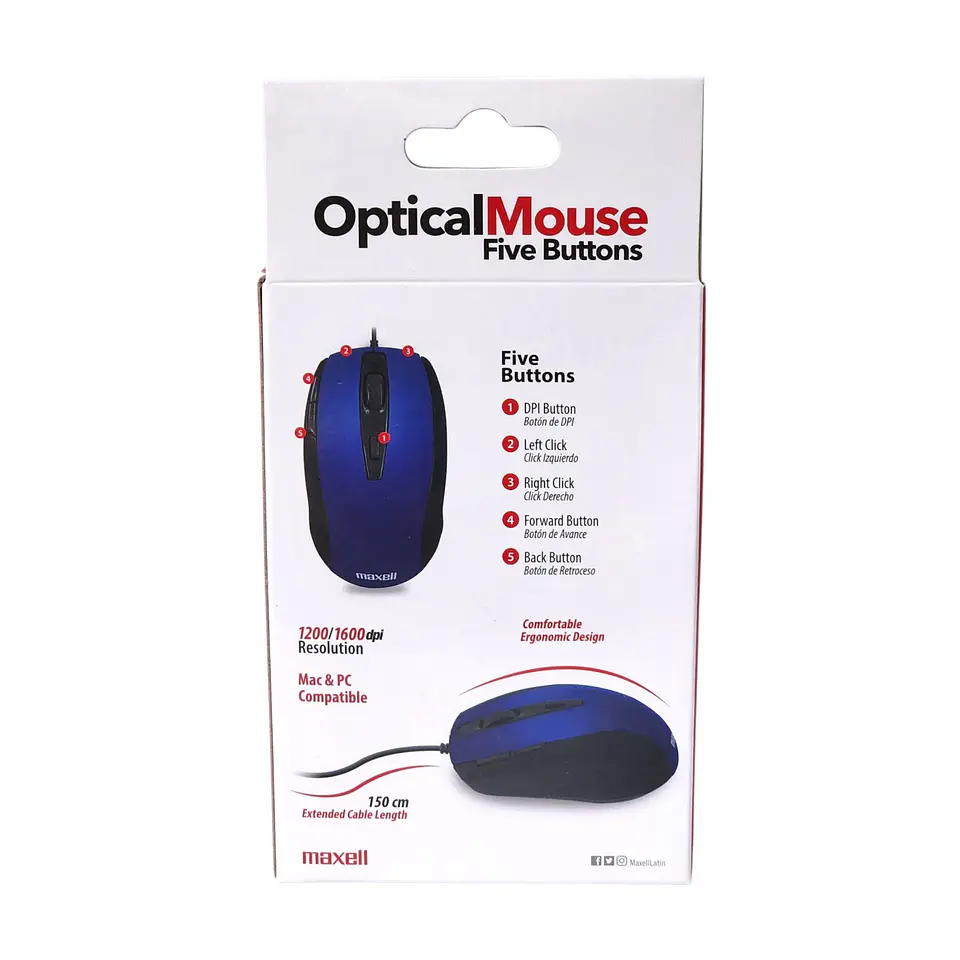 Mouse Óptico 5 Botones Con Cable USB MOWR-105 Maxell Azul 3