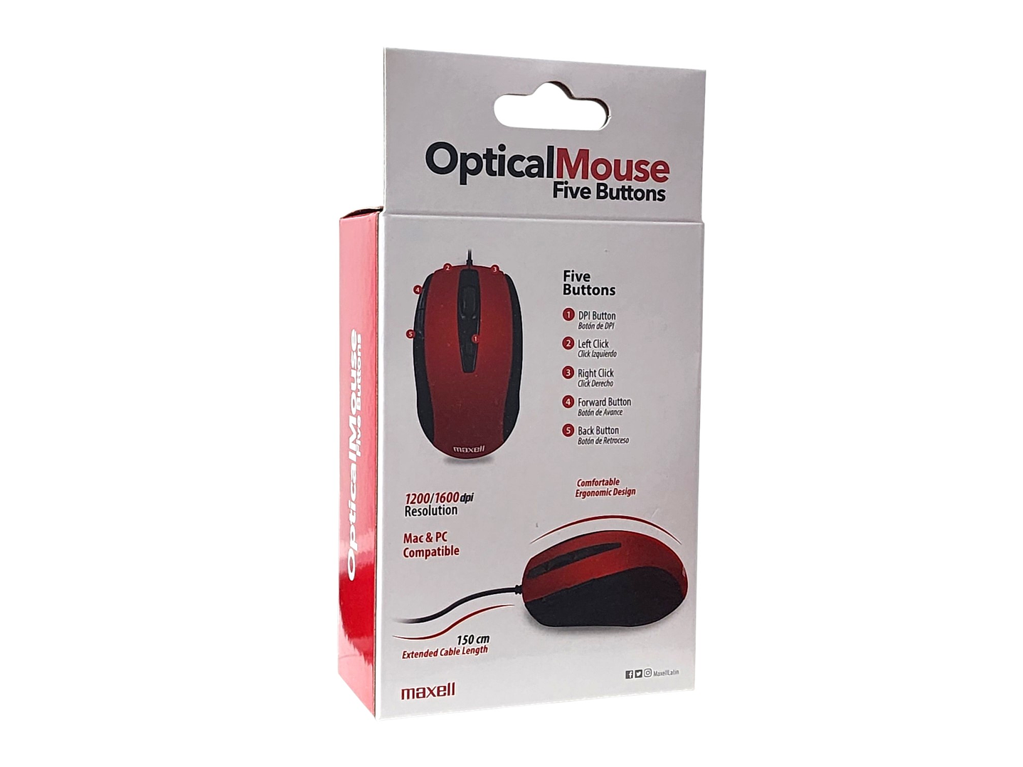 Mouse Óptico 5 Botones Con Cable USB MOWR-105 Maxell Rojo 3