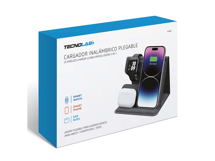 Cargador inalámbrico plegable 3 en 1 Qi 15W TL661 Tecnolab 2