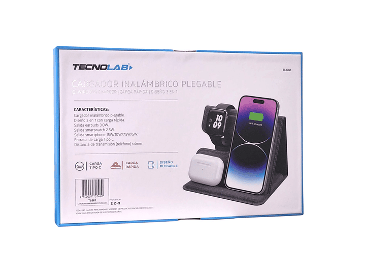 Cargador inalámbrico plegable 3 en 1 Qi 15W TL661 Tecnolab 3