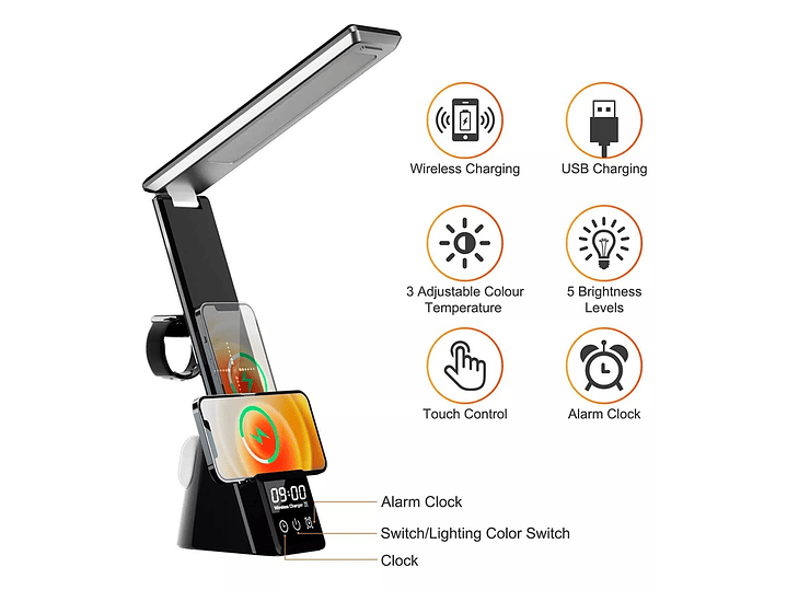 Lámpara Escritorio 4 en 1+ Cargador Inalámbrico Qi Tecnolab 4