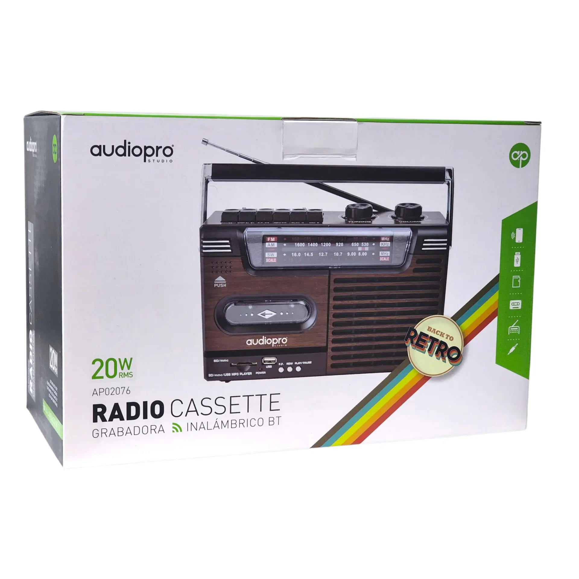 Radio Retro Portátil Cassette BT USB 20W AP02076 AudioPro 3