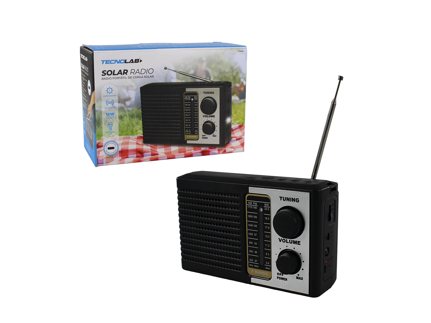 Radio Portátil solar AM FM SW 15W LED y USB TL636 Tecnolab 6