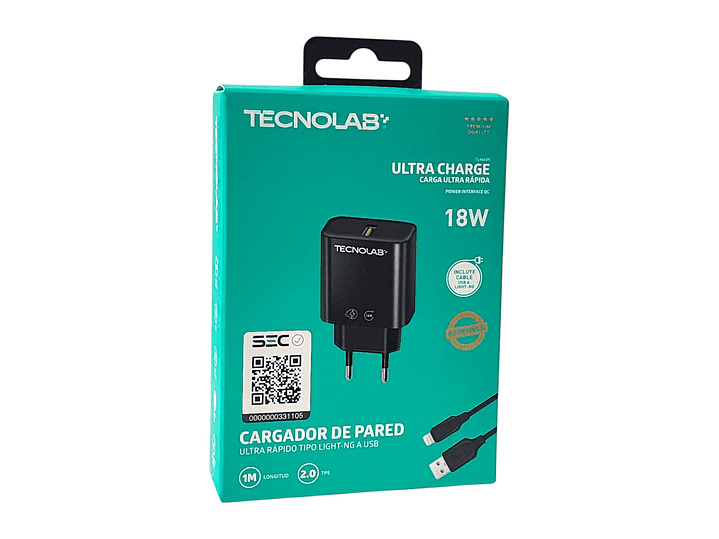 Cargador de Pared 18W QC + Cable USB a LTNG TL466BK Tecnolab 6