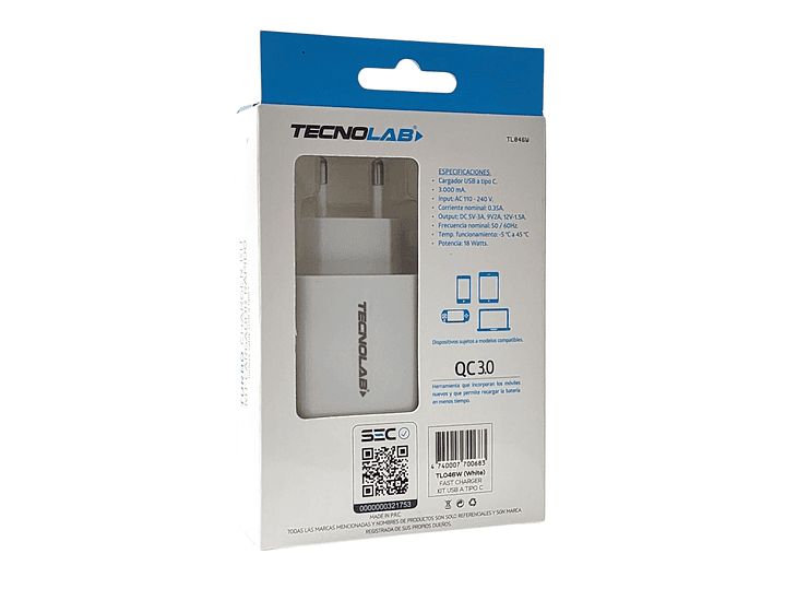 Cargador Rápido QC 3.0 + Cable USB a USB-C TL046W Tecnolab 5