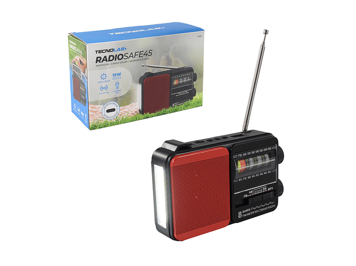 Radio Portátil Solar AM FM SW LED 15W TL653R Tecnolab Rojo 6