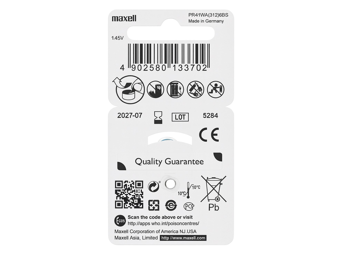 Pack 6 Pilas Para Audífonos Maxell 312 Auditivas 2