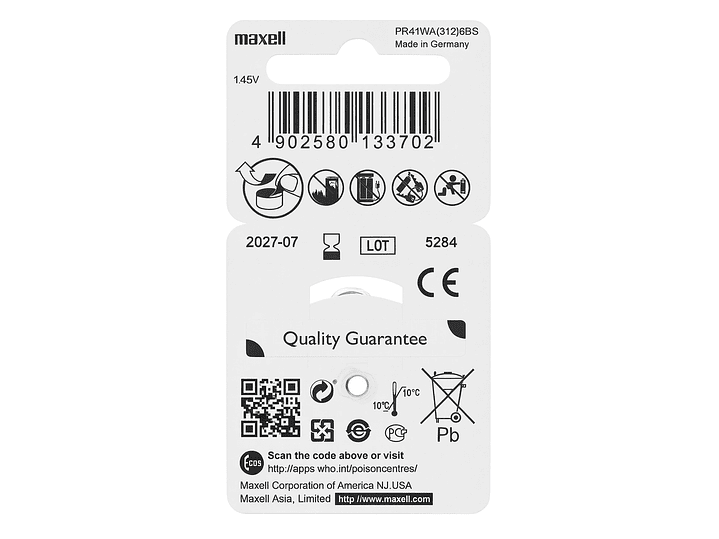 Pack 6 Pilas Para Audífonos Maxell 312 Auditivas 2