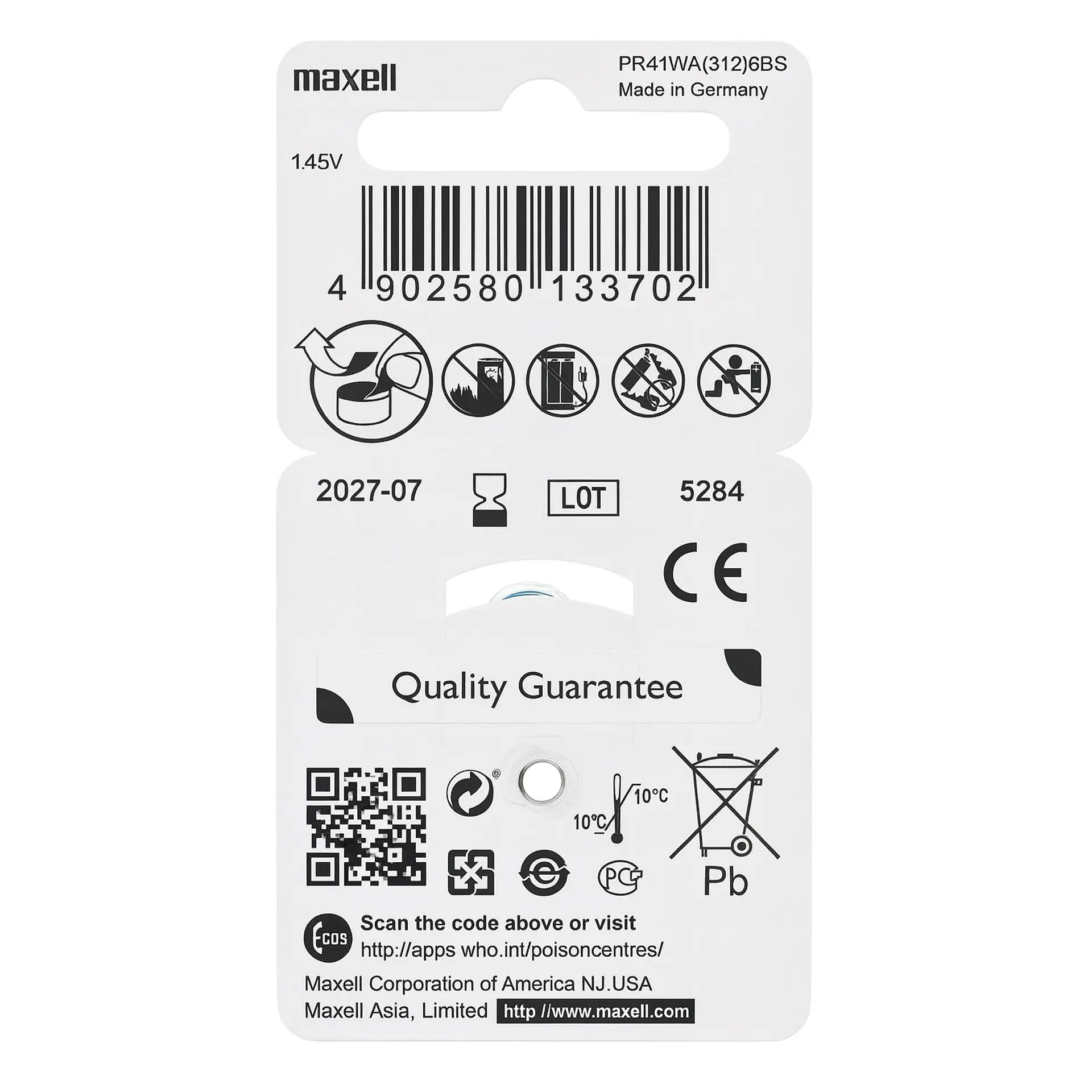 Pack 6 Pilas Para Audífonos Maxell 312 Auditivas 2