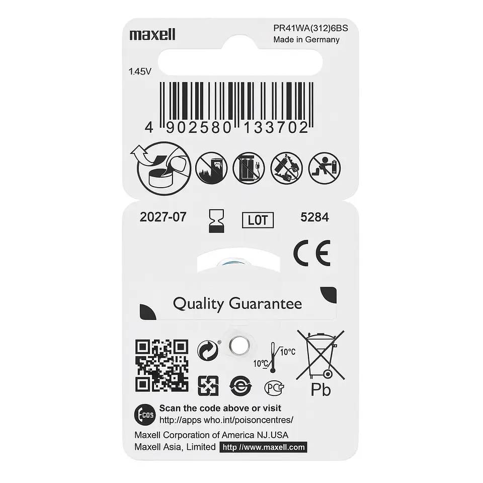 Pack 6 Pilas Para Audífonos Maxell 312 Auditivas 2