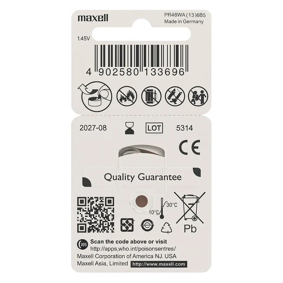 Pack 6 Pilas Para Audífonos Maxell 13 Auditivas 2