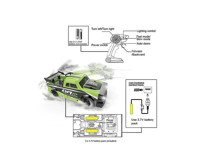 Auto Control Remoto Drift 4 Canales Luces Led DBG1599G Verde 7