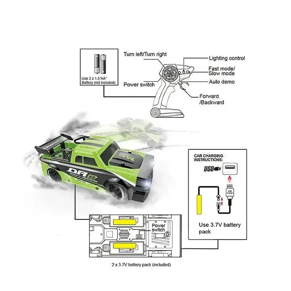 Auto Control Remoto Drift 4 Canales Luces Led DBG1599G Verde 7