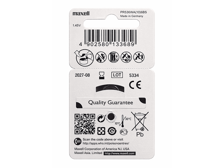 Pack 6 Pilas Para Audífonos Maxell 10 Auditivas 2