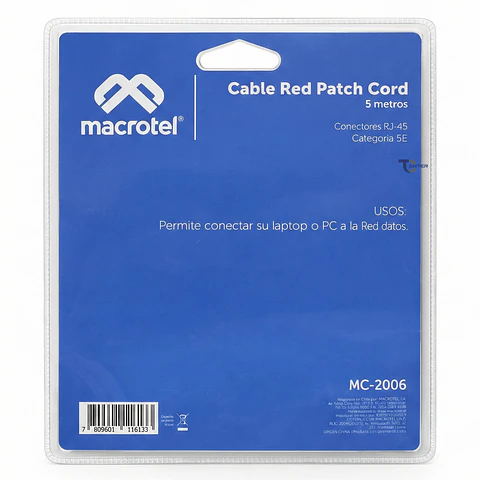 Cable de Red Macrotel 5 mt Patch Cord UTP Cat 5E MC-2006