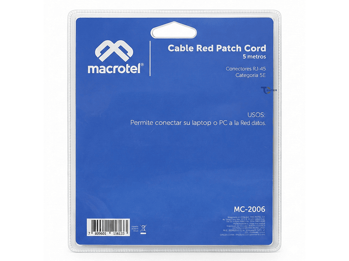 Cable de Red Macrotel 5 mt Patch Cord UTP Cat 5E MC-2006 2