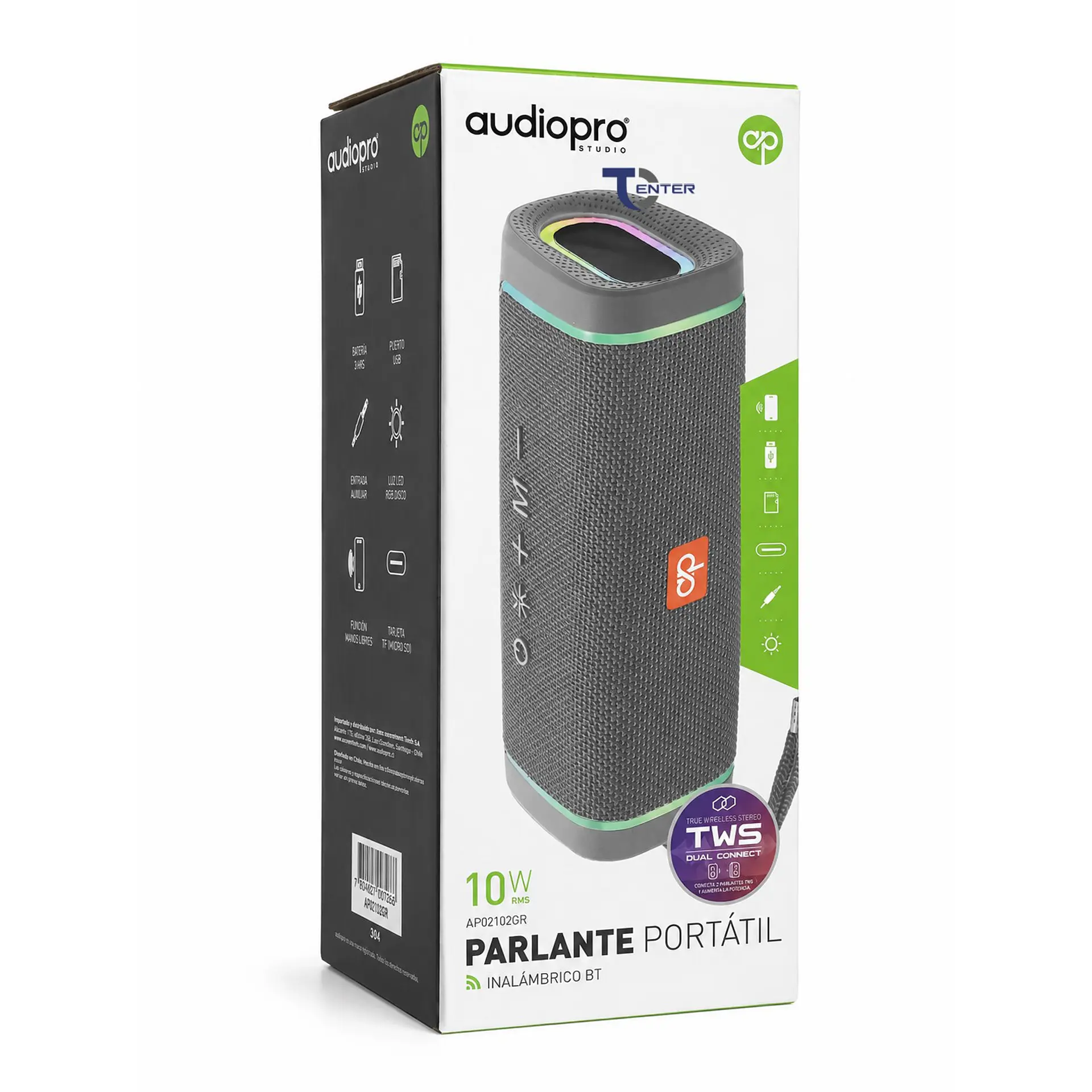 Parlante BT Audiopro 10w Inalámbrico TWS Led AP02102GR Gris 2