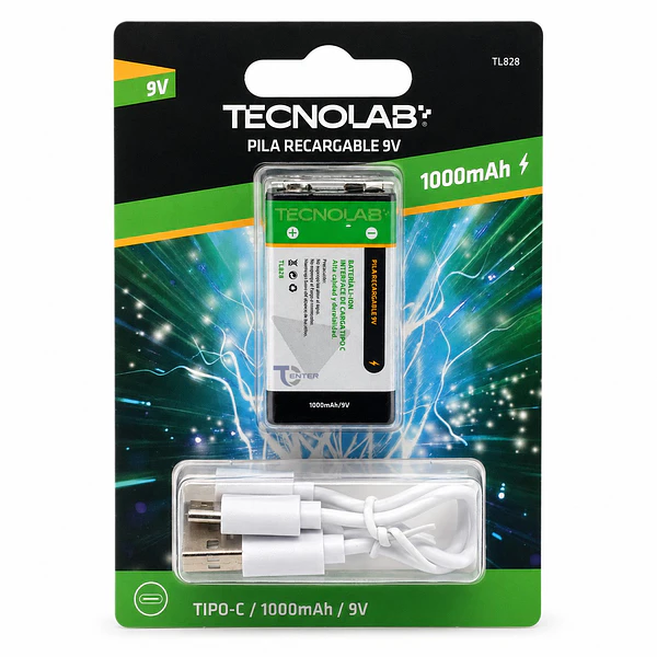 Pila Recargable 9V 1000mAh USB-C Tecnolab TL-828