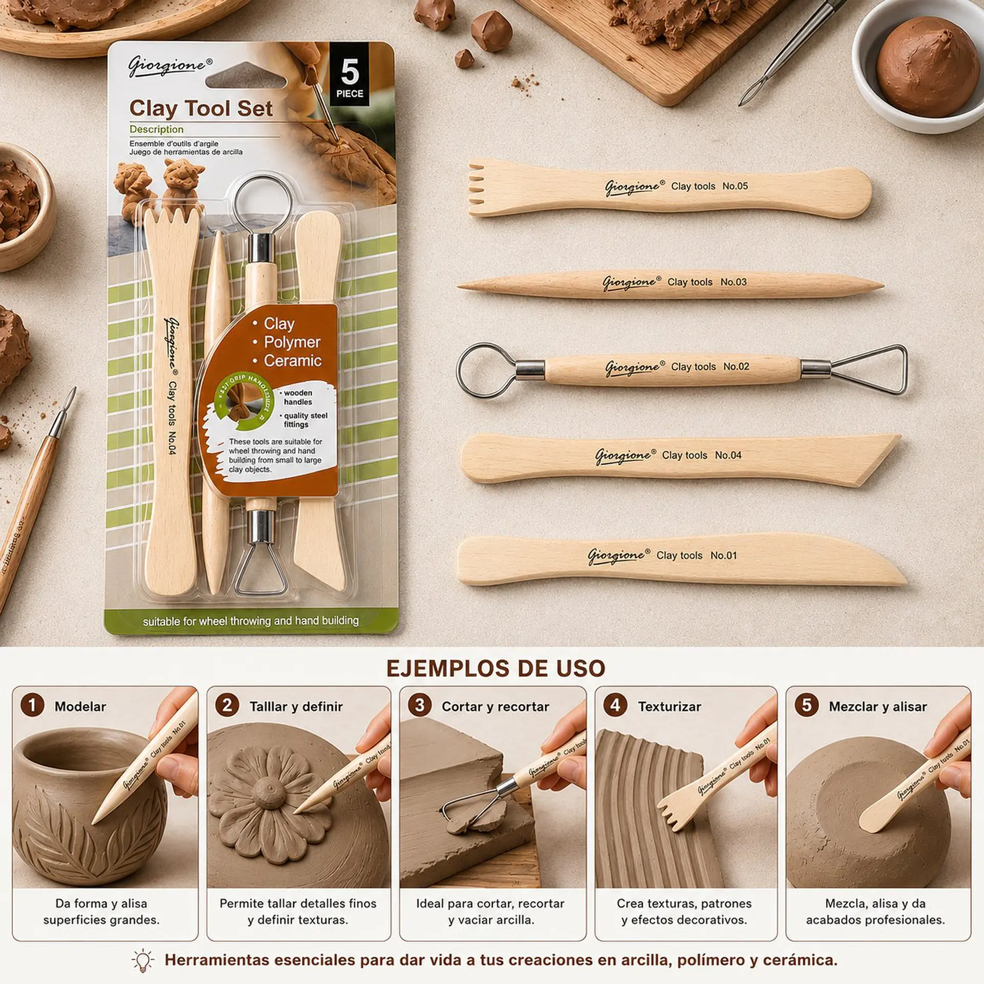 Set 5 Herramientas de Madera para Arcilla Giorgione G-Y0006 Por Mayor 2