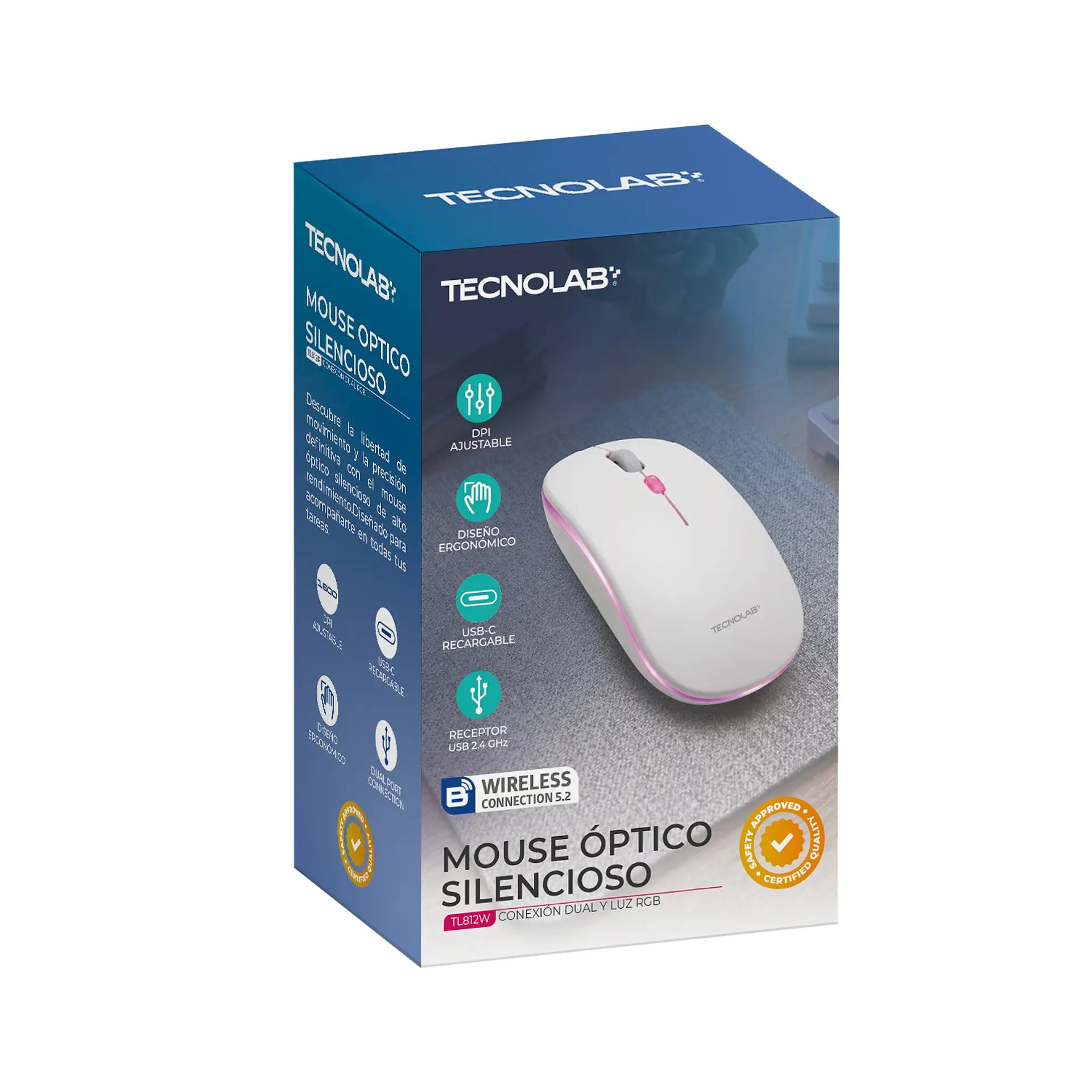 Mouse Óptico Inalámbrico Silencioso RGB TecnoLab 03-TL812W 1