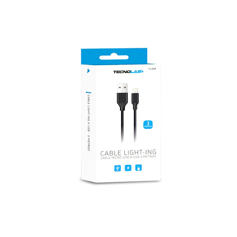 Cable USB Lightning. Color negro. 3mts TecnoLab 03-TL320