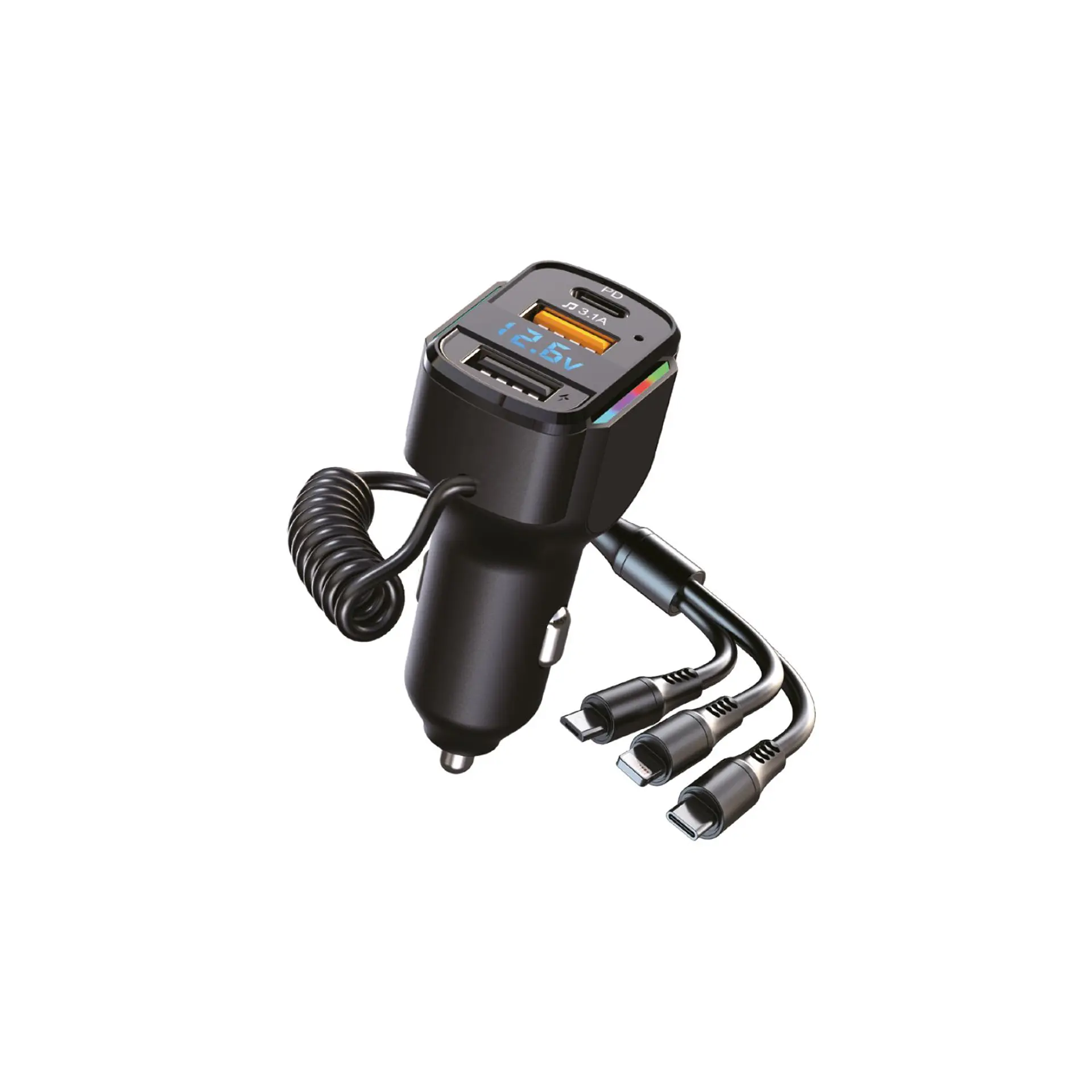Cargador auto TecnoLab TL508 RGB con cable 3 en 1 1