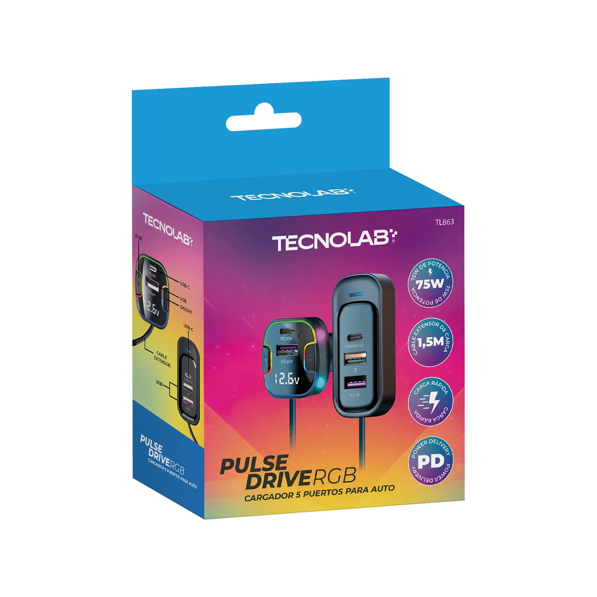 Cargador de auto TecnoLab TL863 con extensor RGB 1