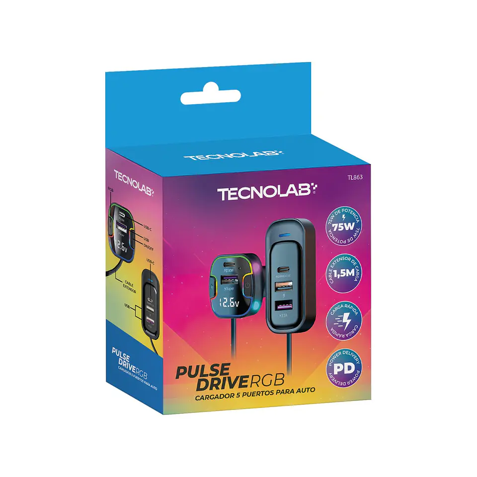 Cargador de auto TecnoLab TL863 con extensor RGB 1
