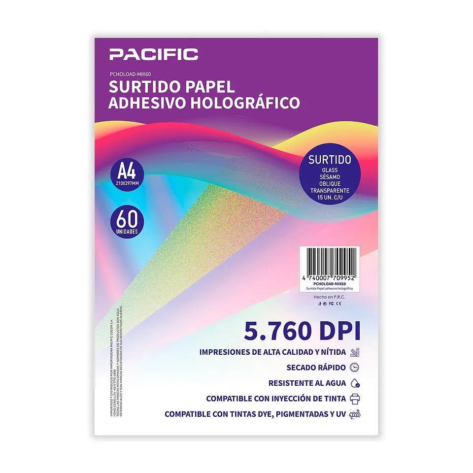 Papel adhesivo holográfico Pacific A4 surtido 60 hojas 1
