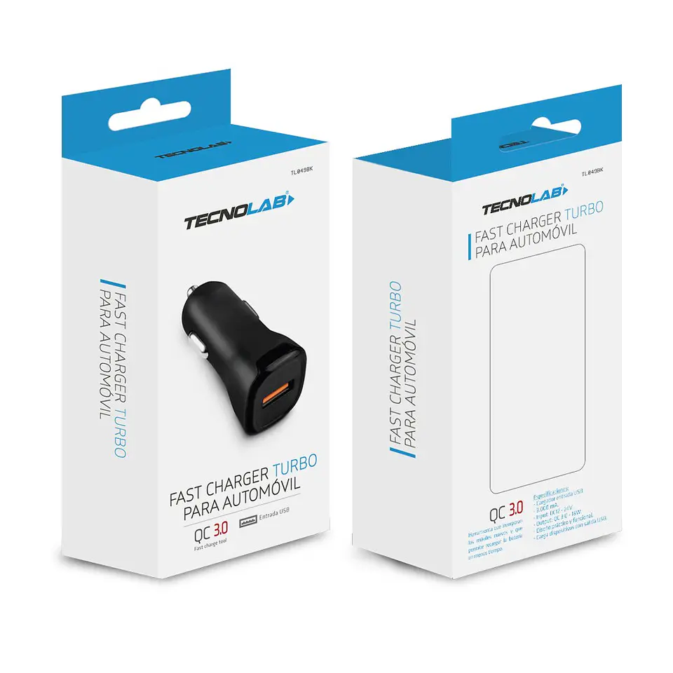 Cargador de auto Tecnolab QC 3.0 negro con puerto USB 2