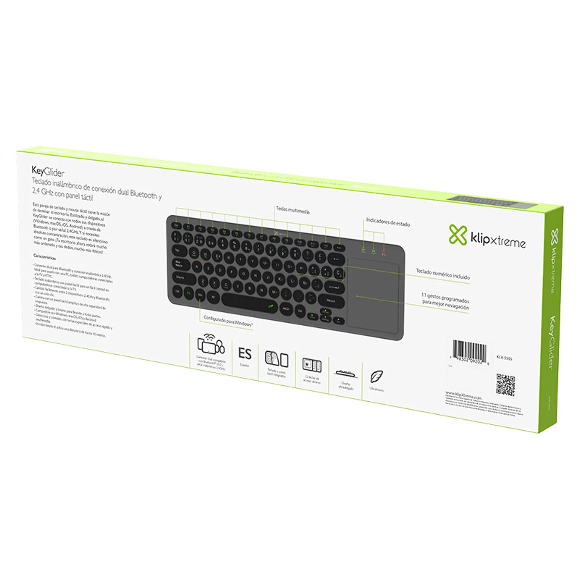 Teclado inalámbrico con touchpad Klip Xtreme KeyGlider KCK-550S Bluetooth y 2,4 GHz gris y negro por mayor 3